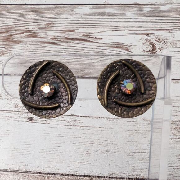 Vintage Clip On Earrings Metal Circle with Iridescent Gems - Picture 2 of 10